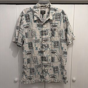 Quiksilver Mens Size XL Hawaiian FISH Waterman Fishing Button Short Sleeve